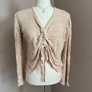 Open Knit Crochet Tie Front Sweater Beige Long Sleeve‎ Boho Cottagecore Size M